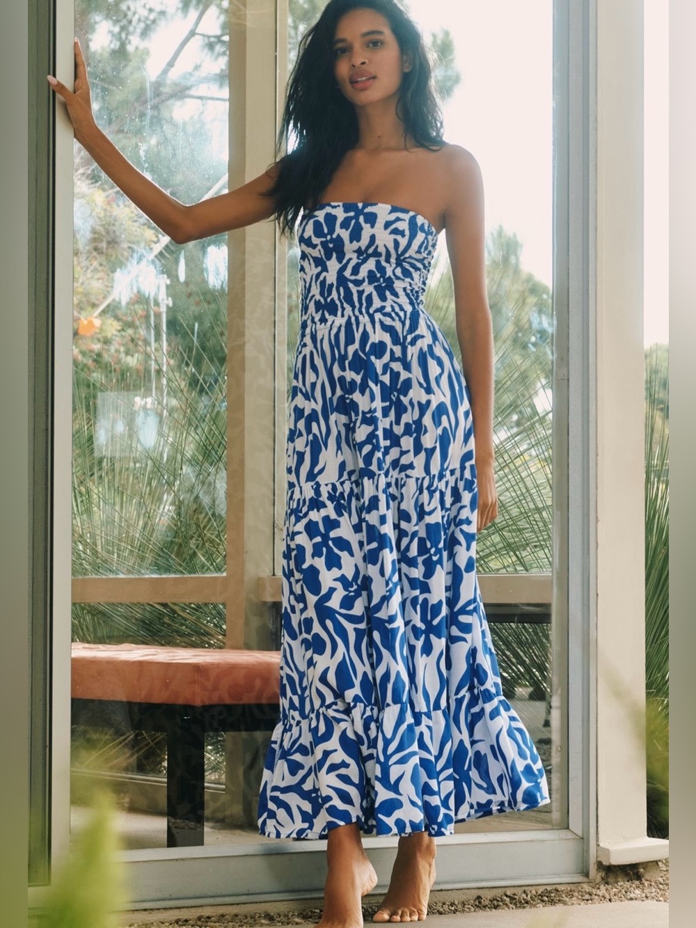 Tiare Hawaii Blue & White Strapless Maxi Dress